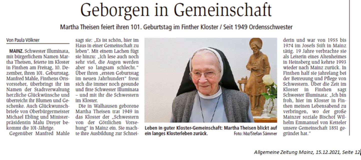 Schwester Illuminata 101 Jahre (c) AZ Mainz 12/2021