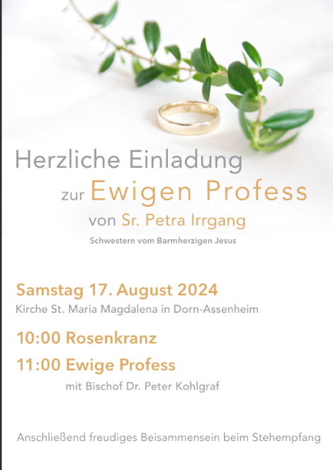 Einladung zur Ewigen Profess (c) Sr. Petra Irrgang