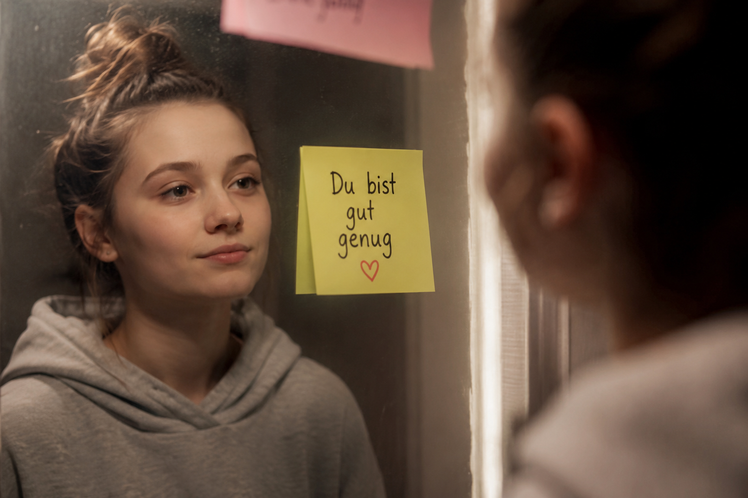 Eine junge Frau schaut glücklich in den Spiegel, auf dem ein Post-it hängt mit dem Text 'Du bist gut genug'