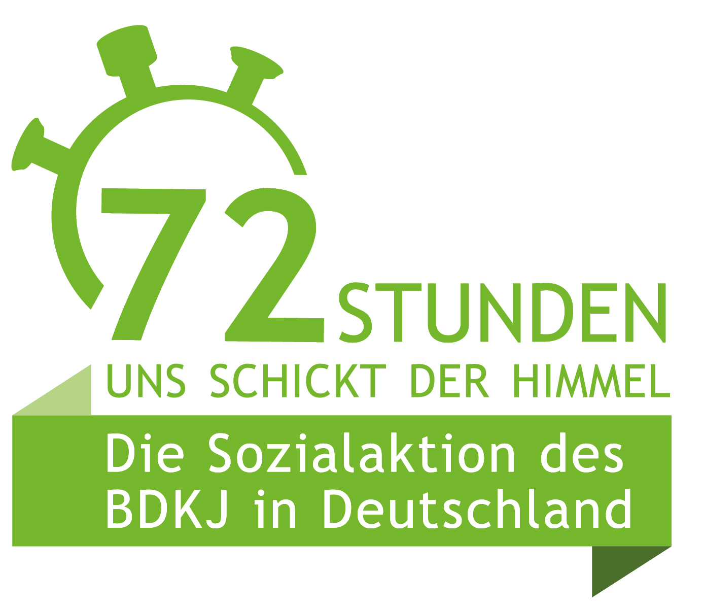 Logo der 72-Stunden Aktion - uhr mit 72 und Text 72-Stunden uns schickt der Himmel - Die Sozialaktion des BDKJ in Deutschland