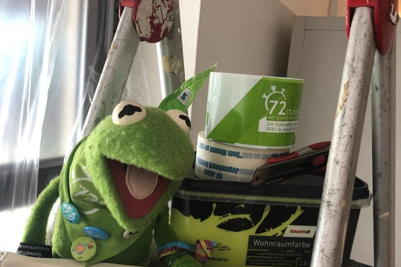 Kermit der Forsch -sitzt auf einer Leiter