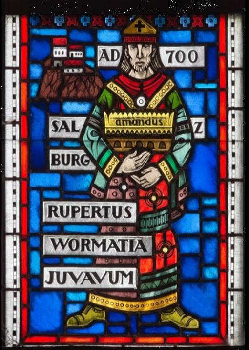 Ausschnitt aus dem Geschichtsfenster im Wormser Dom: Hl. Rupert