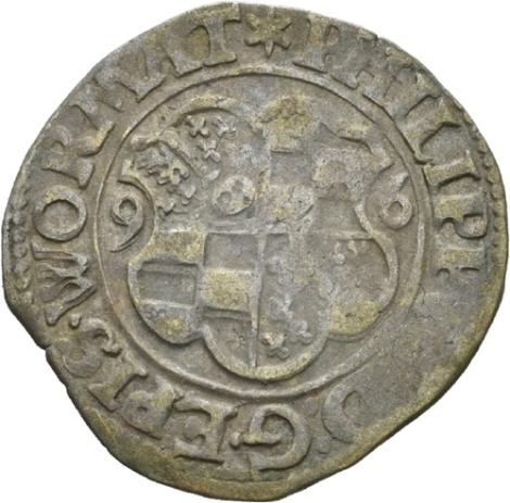 Dieser Halbbatzen zeigt auf der Vorderseite das Wappen Worms-Rodenstein. Diese Münze gehört zum Fund von Eschelbach, der nach 1618 verborgen und 1921 wiedergefunden wurde. (c) Gemeinfrei, digital@landesmuseum-stuttgart.de