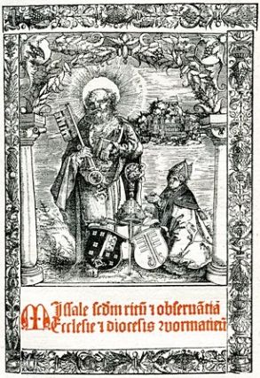 Titelblatt der Wormser Missale (1522) mit hl. Petrus (links) und Bischof von Rüppurr (rechts) (c) Gemeinfrei