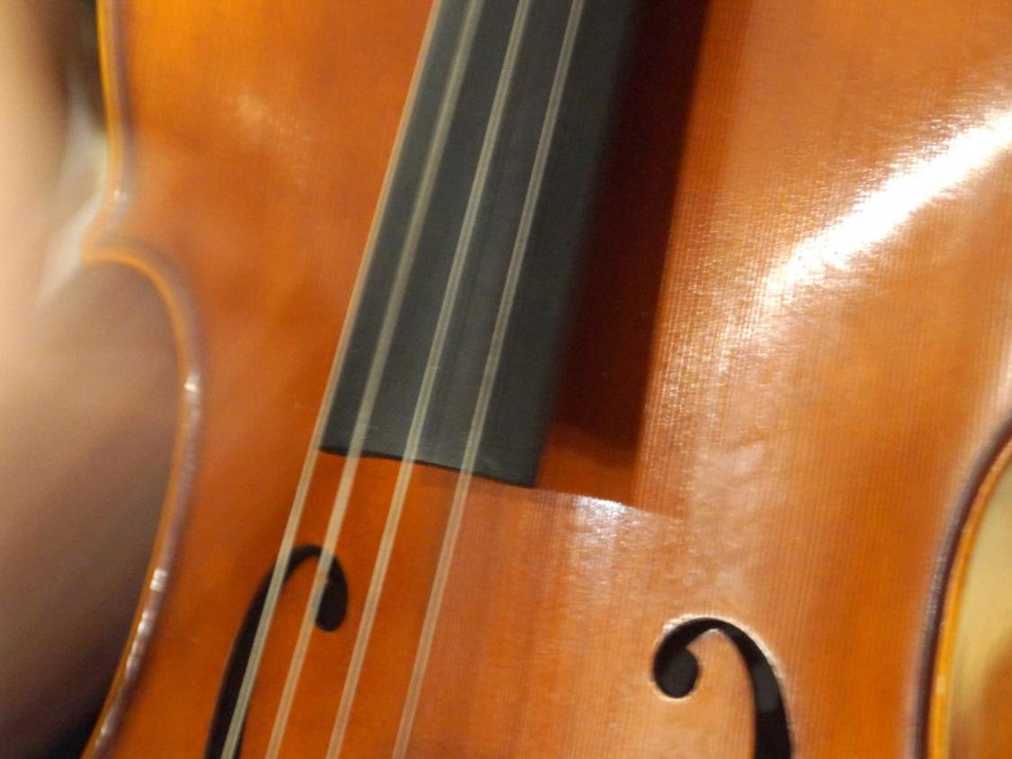 Nahaufnahme von einem Cello mit vibrierenden Saiten und glänzender Holzoberfläche