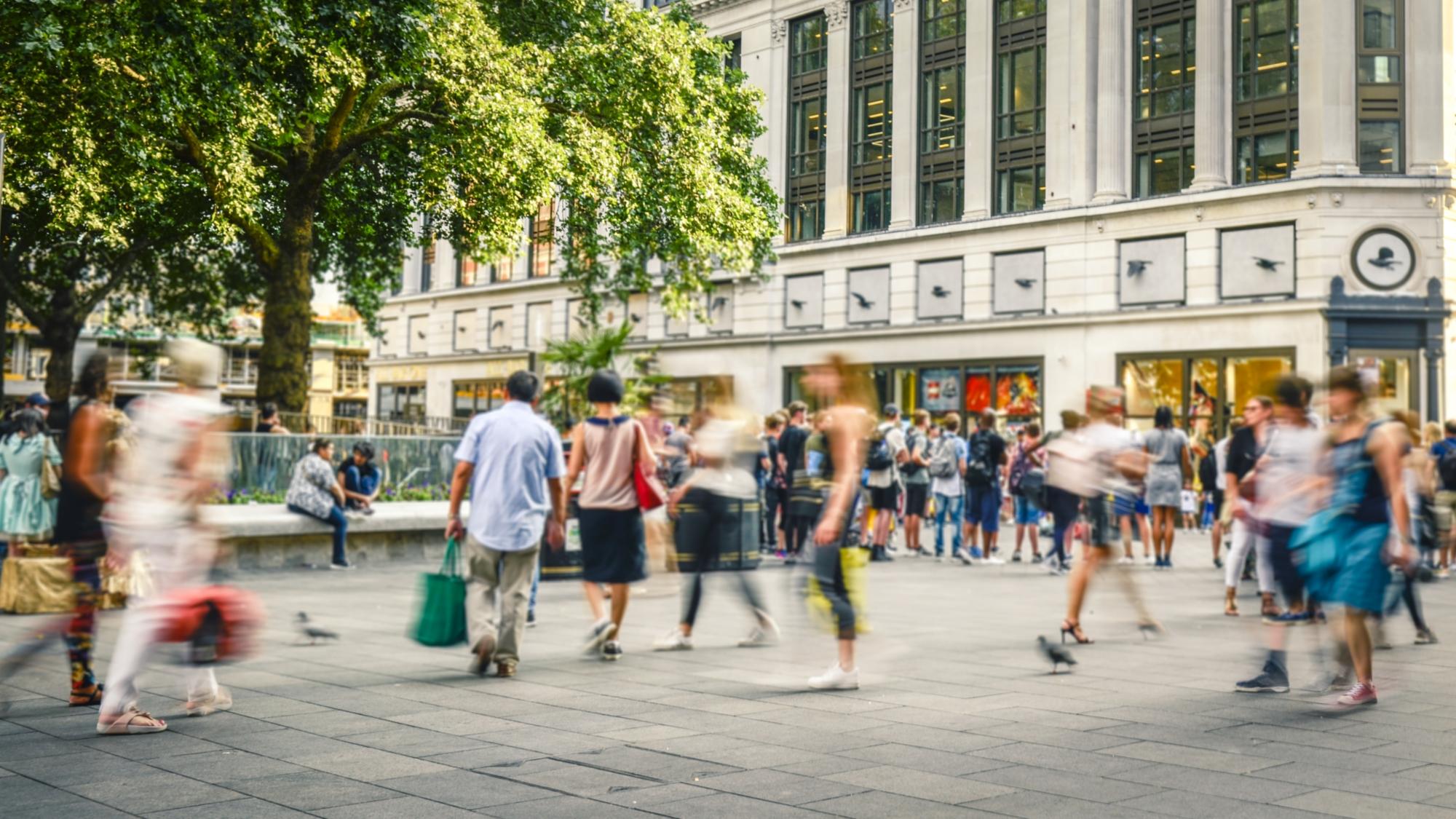 Busy motion blurred London street scene