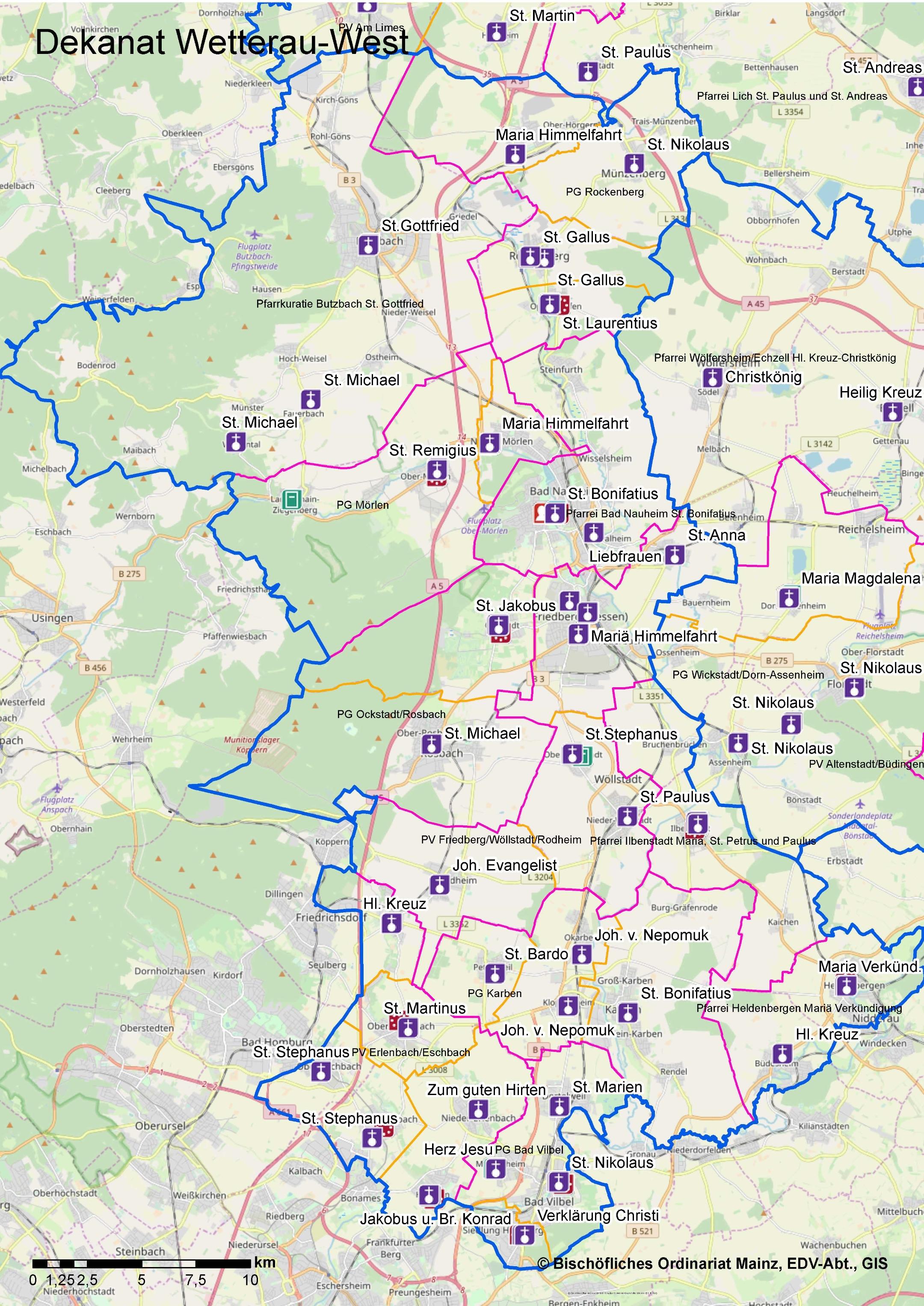 Die ausführliche Dekanatskarte mit Kirchen und Einrichtungen