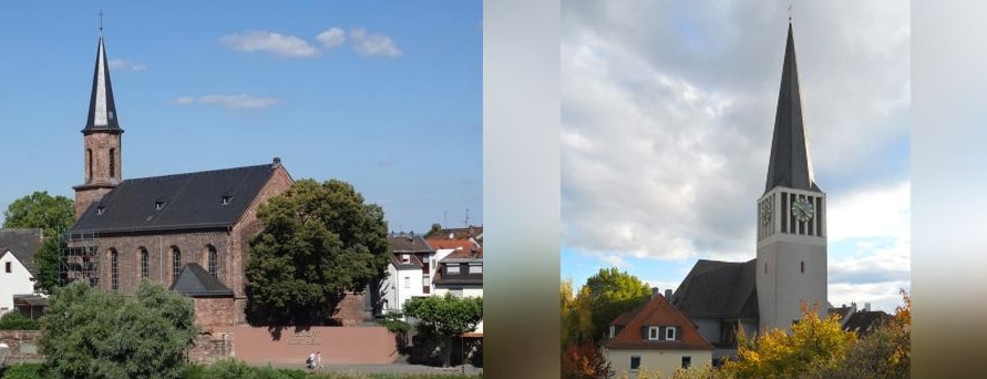 Bilder der beiden Pfarrkirchen St. Kilian, Kostheim und St. Georg Mainz-Kastel nebeneinander vor hellblauem Himmel