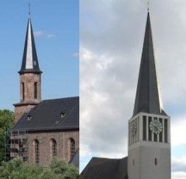 Bilder der beiden Pfarrkirchen St. Kilian, Kostheim und St. Georg Mainz-Kastel nebeneinander vor hellblauem Himmel