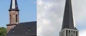 Bilder der beiden Pfarrkirchen St. Kilian, Kostheim und St. Georg Mainz-Kastel nebeneinander vor hellblauem Himmel