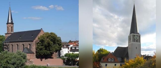 Bilder der beiden Pfarrkirchen St. Kilian, Kostheim und St. Georg Mainz-Kastel nebeneinander vor hellblauem Himmel