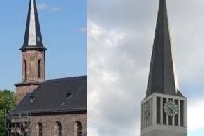 Bilder der beiden Pfarrkirchen St. Kilian, Kostheim und St. Georg Mainz-Kastel nebeneinander vor hellblauem Himmel