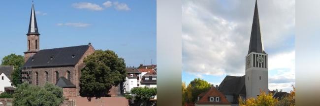 Bilder der beiden Pfarrkirchen St. Kilian, Kostheim und St. Georg Mainz-Kastel nebeneinander vor hellblauem Himmel