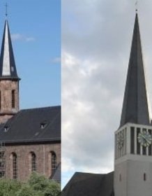 Bilder der beiden Pfarrkirchen St. Kilian, Kostheim und St. Georg Mainz-Kastel nebeneinander vor hellblauem Himmel