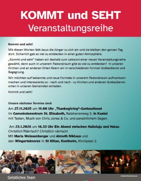 Plakat für die Veranstaltungsreihe KOMMT und SEHT im Pastoralraum AKK-Mainspitze