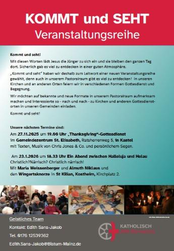 Plakat für die Veranstaltungsreihe KOMMT und SEHT im Pastoralraum AKK-Mainspitze