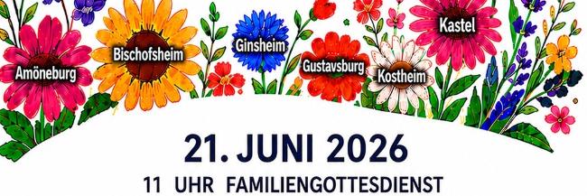 gemeinsam wachsende bunte Blumen, die den Namen der AKK-Mainspitze-Pfarreien tragen, dazu Einladung zum Pfarrfest am 21.6.2026