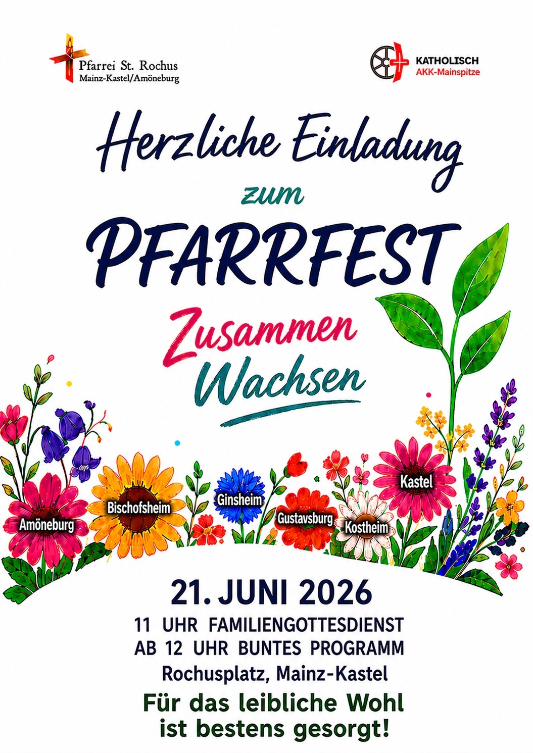 gemeinsam wachsende bunte Blumen, die den Namen der AKK-Mainspitze-Pfarreien tragen, dazu Einladung zum Pfarrfest am 21.6.2026