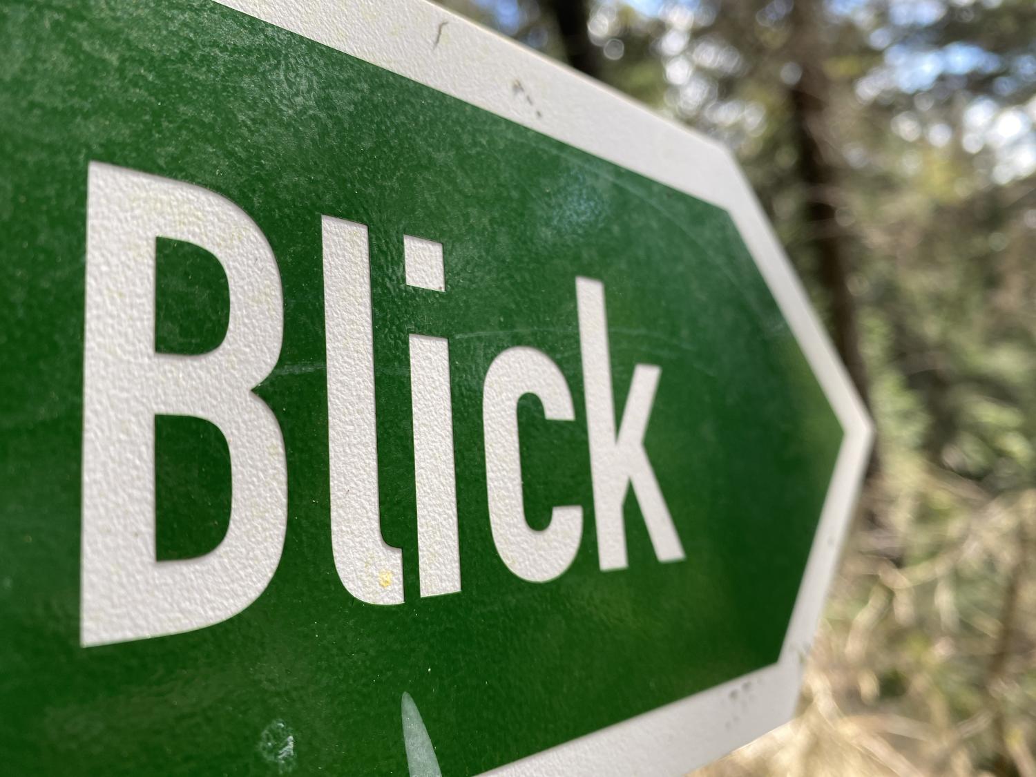 ein gründer Wegweiser mit der Aufschrift Blick