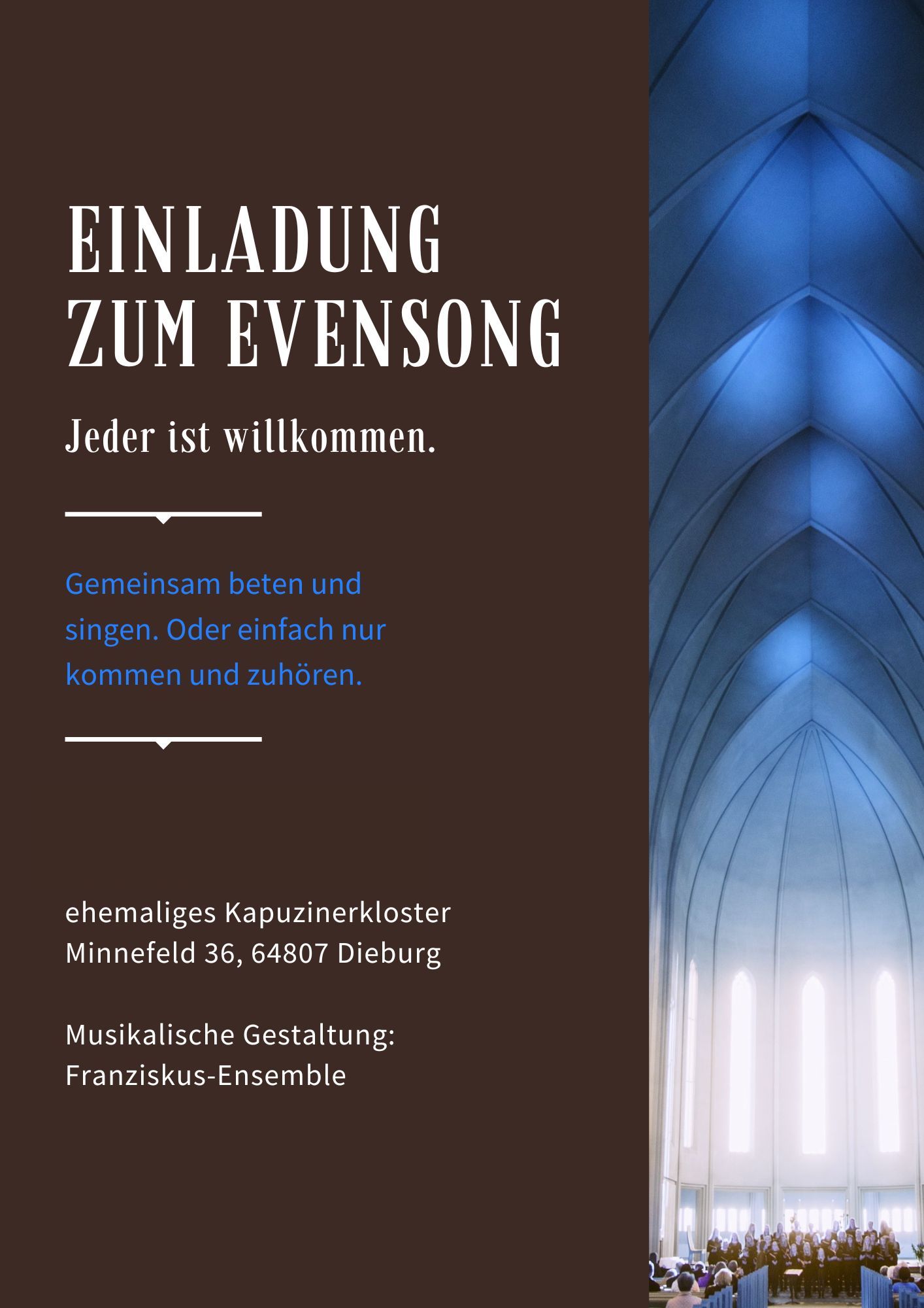Plakat Einladung zum Evensong des Franziskus-Ensemble in der Kapuzinerkirche Dieburg