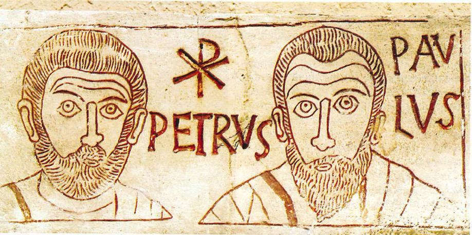 Die Apostel Petrus und Paulus mit dem Christusmonogramm Chi-Rho  Rom 4. Jahrhundert