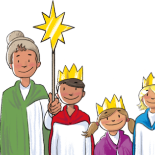 Zeichnung 3 Kinder mit Königskronen und ein Sternträger