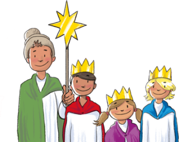 Zeichnung 3 Kinder mit Königskronen und ein Sternträger