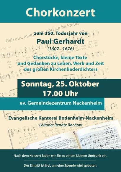 Chorkonzert mit Liedern von Paul Gerhardt Sonntag 25.10.26 17 Uhr