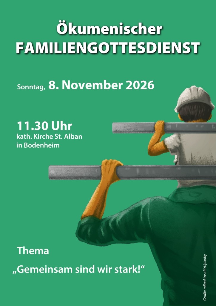 Das Plakat zeigt Vater mit Kind auf der Schulter jeweils eine Stange über die Schulter tragend. Das Kind trägt einen Schutzhelm