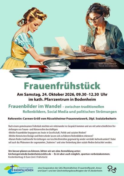 Das Plakat zeigt zwei Frauen. Eine Frau beim Abwasch in den 50gern und Eine Frau bei Büroarbeit von heute