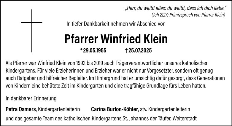 Traueranzeige Pfarrer Klein Kindergarten Woku 32/2025