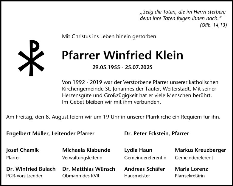 Traueranzeige Pfarrer Klein Wochenkurier 31/2025