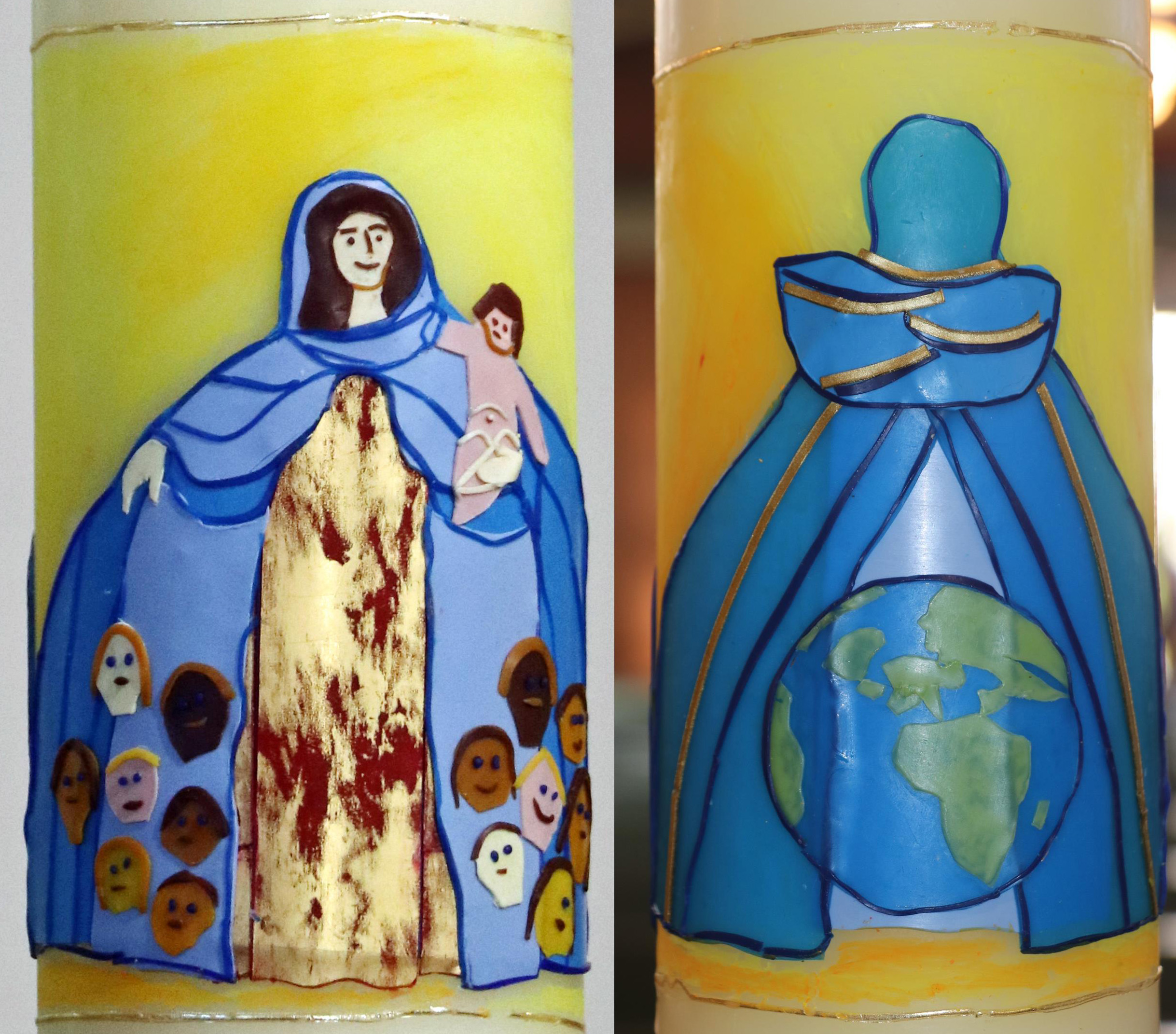 Pastoralraumkerze verzierte mit einem Bild der Schutzmantelmadonna von St. Marien