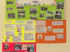 Fotos und Hausplakate über das Projekt 'Junge Friedenmacher' (Jóvenes constructores de paz) bei der Caritas Hauptstelle in San Bartolo, Chalatenango.