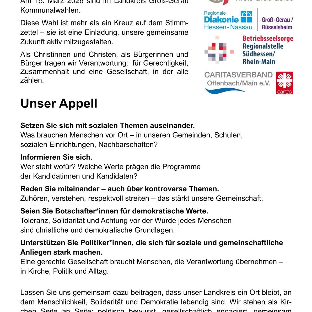 Appell der Kirchen zur Kommunalwahl 2026