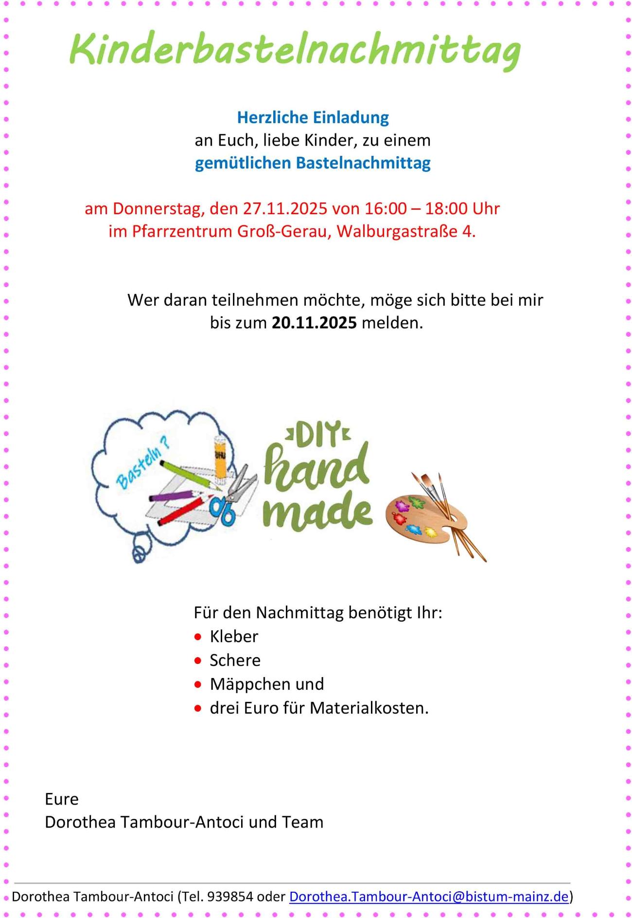 Einladung Kinderbastelnachmittag 11-2025 (c) Dorothea Tambour-Antoci Einladung Kinderbastelnachmittag 11-2025
