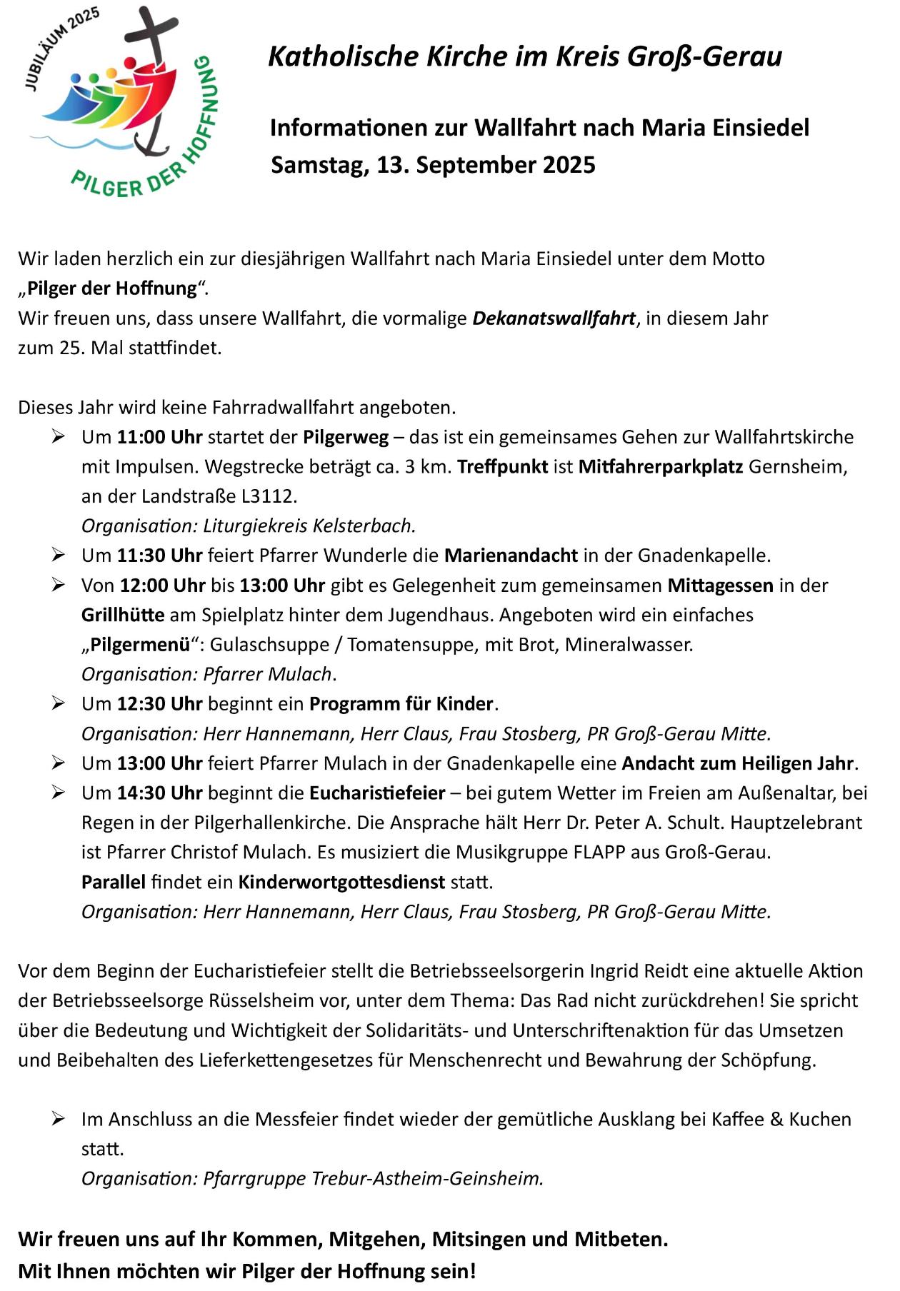 Informationen zur Wallfahrt Maria Einsiedel 2025