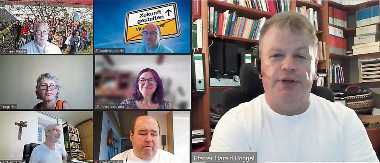 Online-Konferenz zur Vorbereitung der ersten Pastoralraum-Konferenz. Pfarrer Poggel (rechts) ist der neue Leiter des Pastoralraumes Odenwald