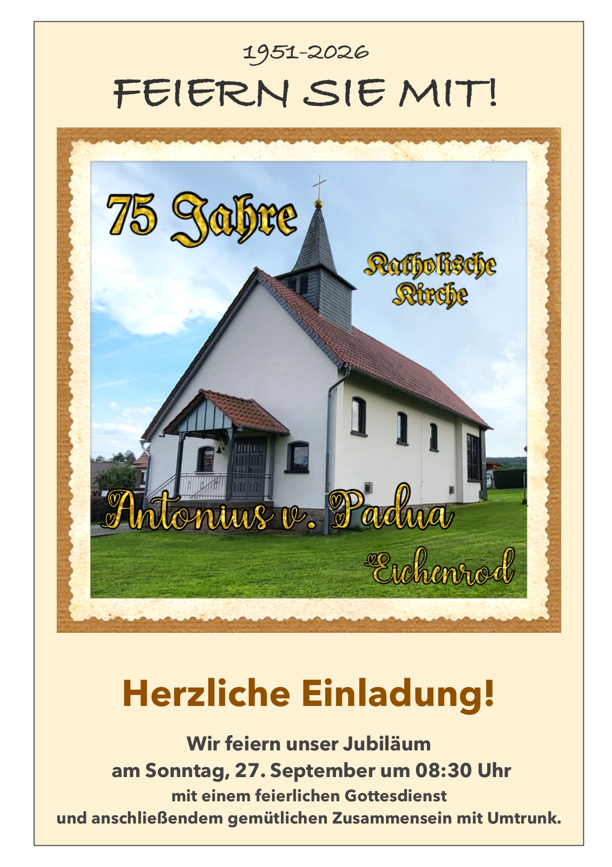 Einladung Eichenrod Jubiläumsgottesdienst (c) Kath. Kirchengemeinde St. Jakobus und Johannes der Täufer 75 Jahre Katholische Kirche in Eichenrod