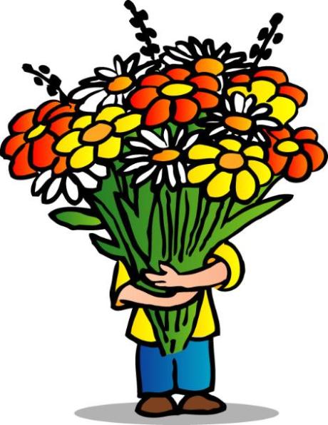 Zeichnung im Comic-Stil: eine Person hält einen überdimensionalen Blumenstrauß.