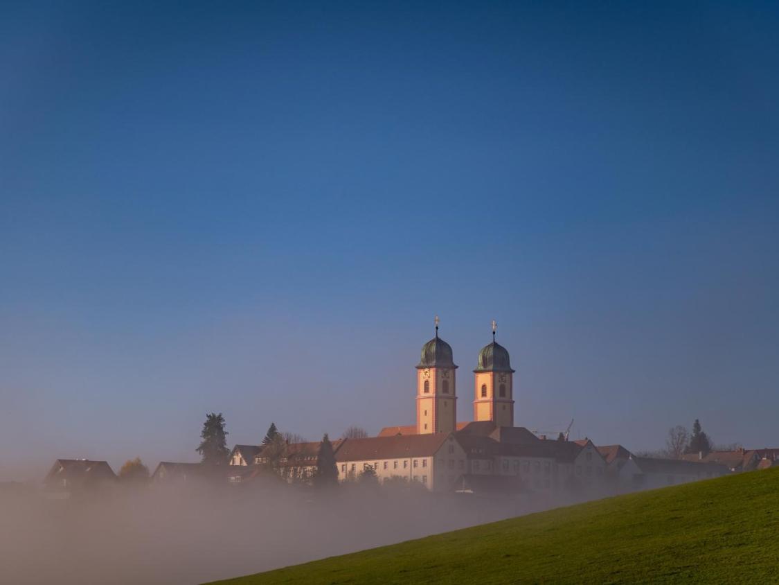 Klosterkirche mit zwei Türmen im Morgennebel