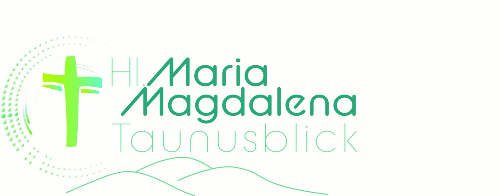Logo, Schriftzug Hl. Maria Magdalena Taunusblick, dynamisches Kreuz in einem nach rechts offenen Kreis aus Punkten, alles in grünen Farbtönen
