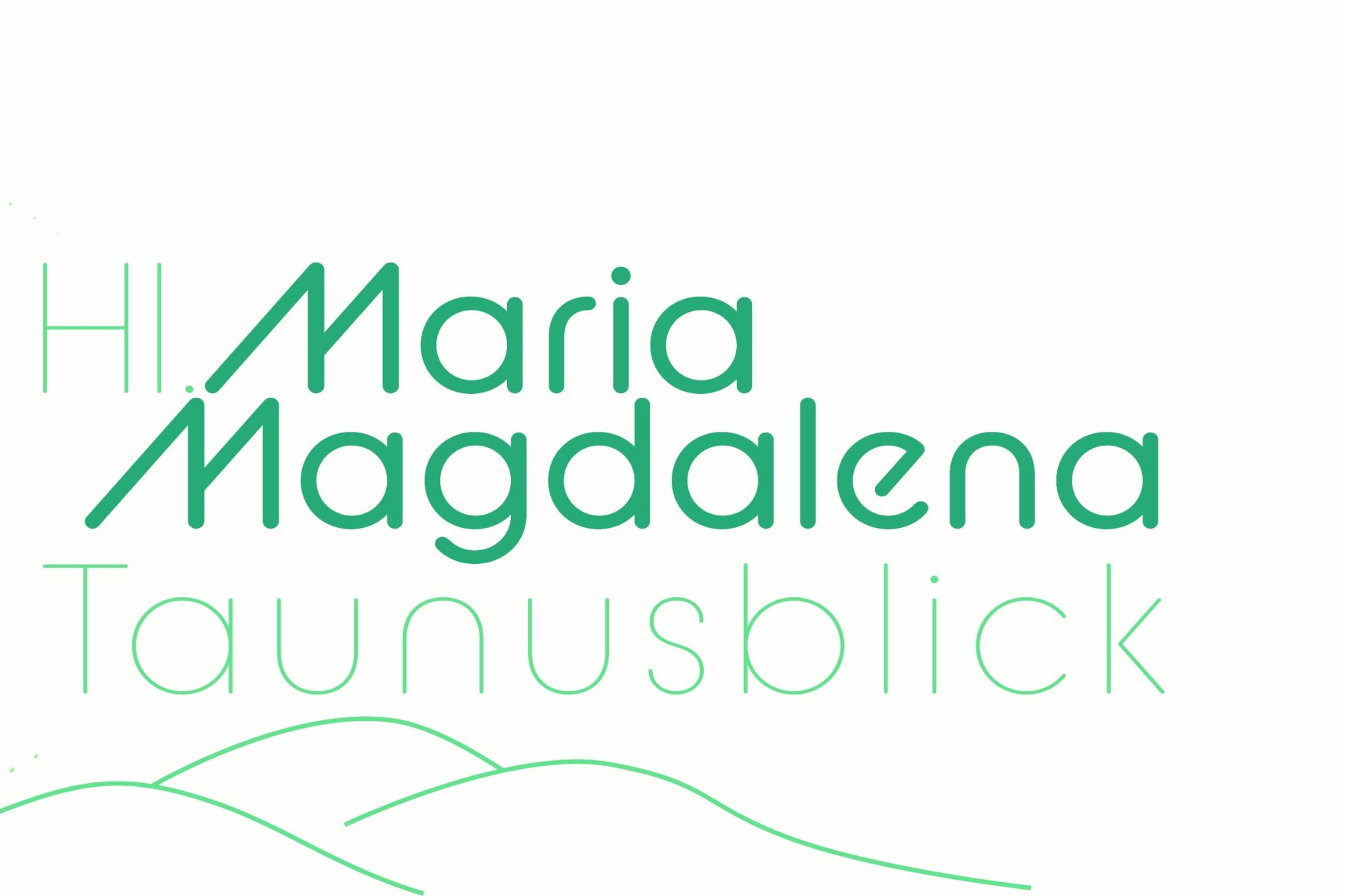 Logo, Schriftzug Hl. Maria Magdalena Taunusblick, dynamisches Kreuz in einem nach rechts offenen Kreis aus Punkten, alles in grünen Farbtönen