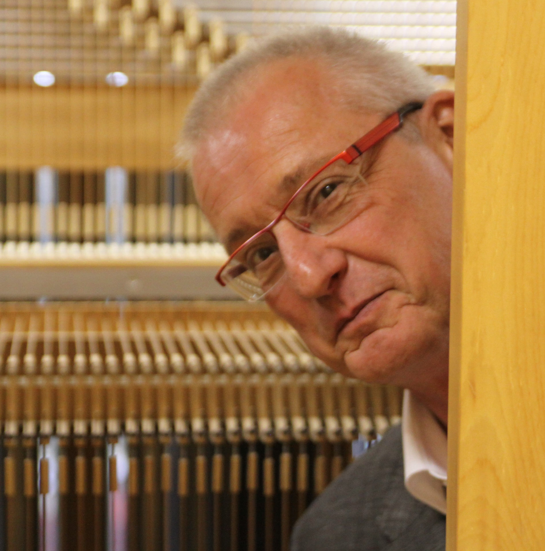 Domorganist Prof. Kaiser schaut aus dem Inneren einer Orgel heraus (c) Prof. Hans-Jürgen Kaiser