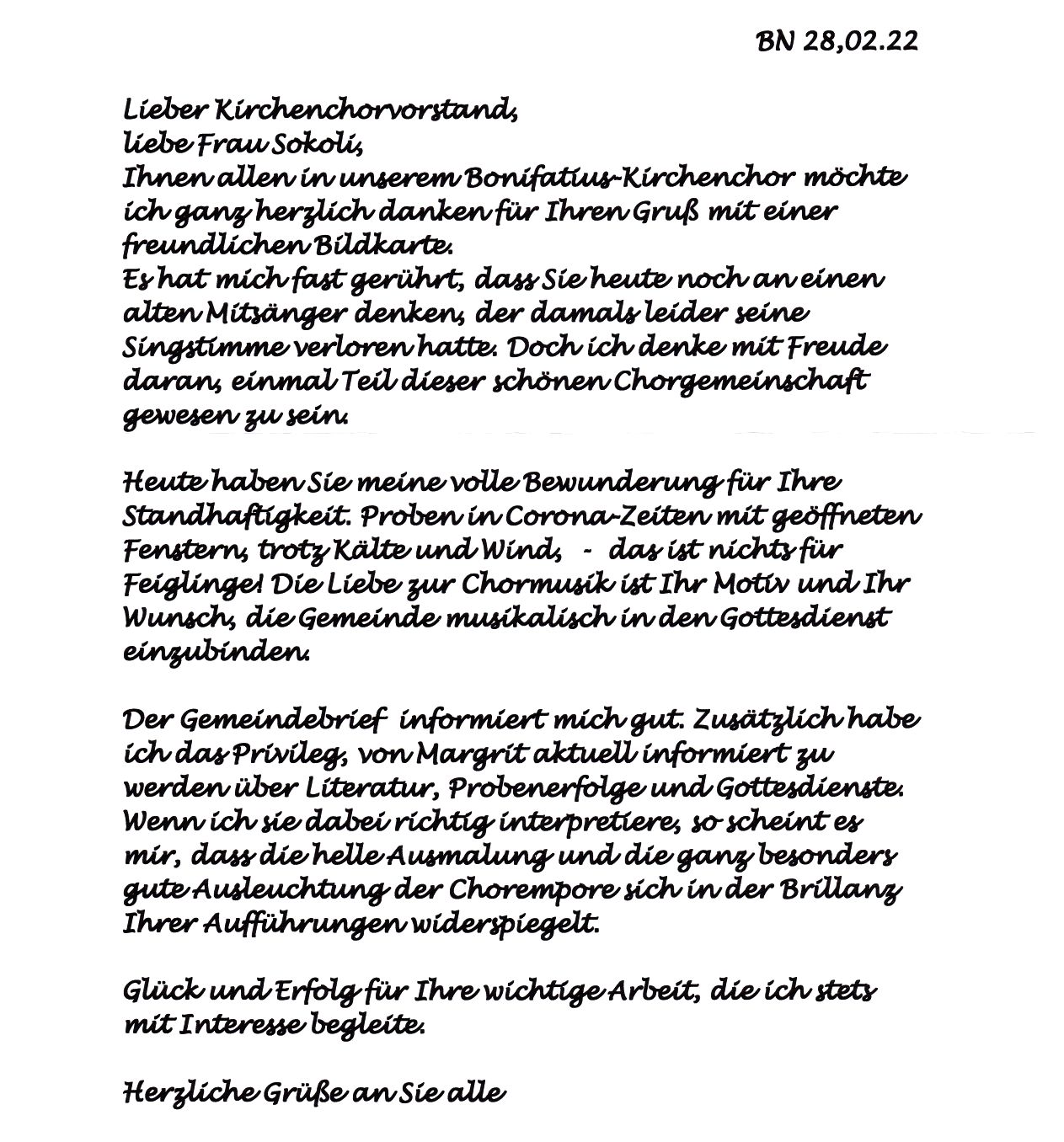Brief von Klaus an seinen Chor (c) Klaus Kuppe 2022