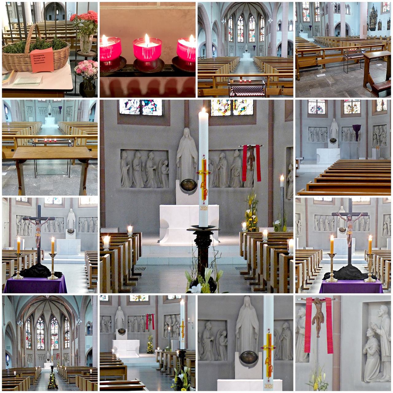 Bilderbogen mit Eindrücken aus der Lourdes-Kapelle und dem hinteren Kirchenraum (c) Brigitta Gebauer 2020