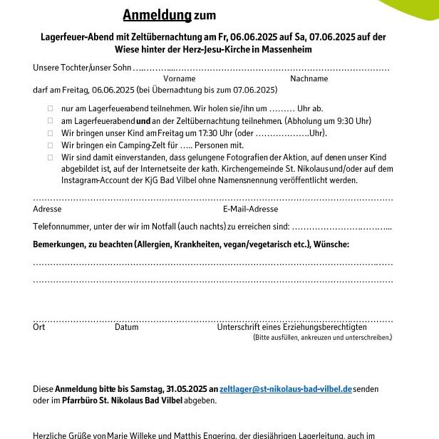 Zeltübernachtung Anmeldung