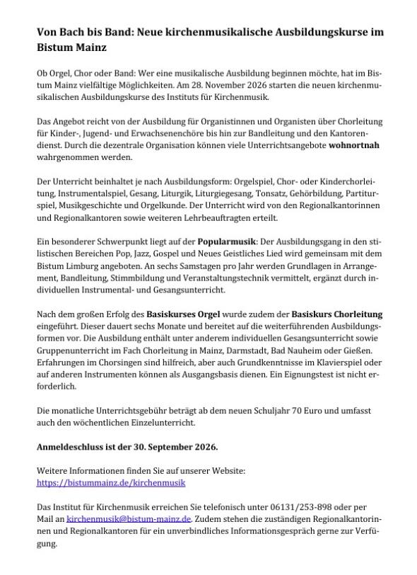 Kirchenmusikalische Ausbildung im Bistum Mainz (c) kath. KG