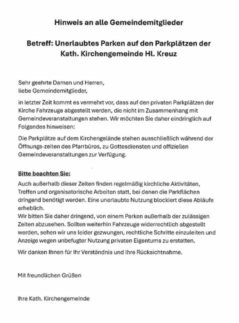 Parken auf dem Parkplatz der Kath. Kirchengemeinde (c) Kath. Kirchengemeinde