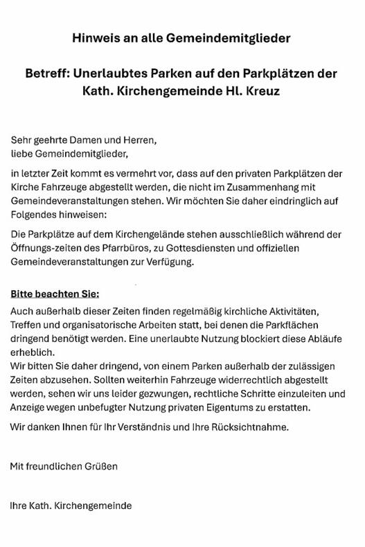 Parken auf dem Parkplatz der Kath. Kirchengemeinde